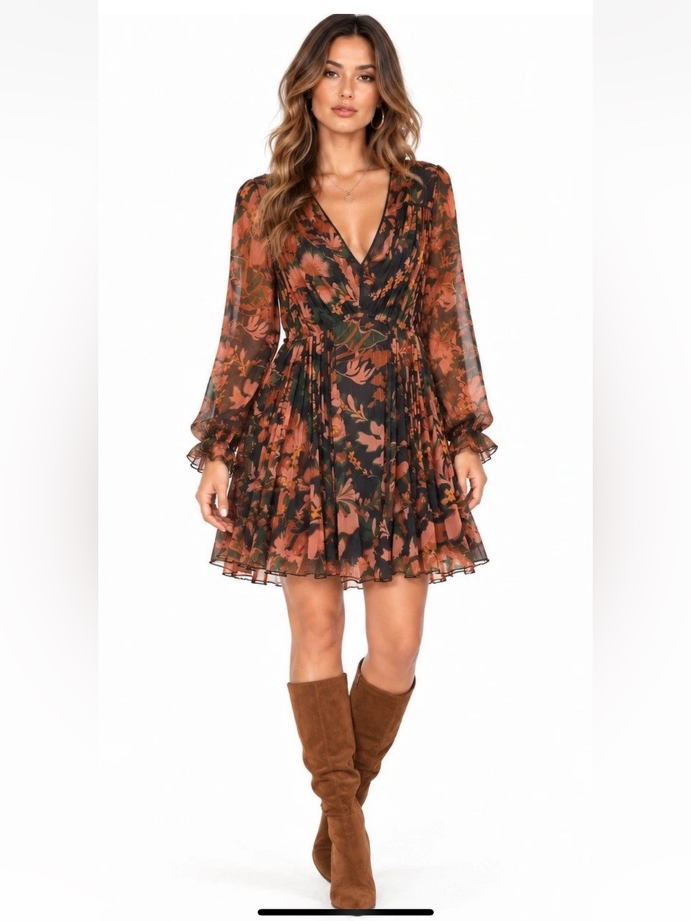 Coach 1941 Forest Orange Green Floral Pleated Long Sleeve Dress Size 6 NWOT